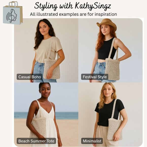 Handmade Crochet Shoulder Bag Neutral Boho Festival Beach Tote Summer Purse - Picture 2 of 11